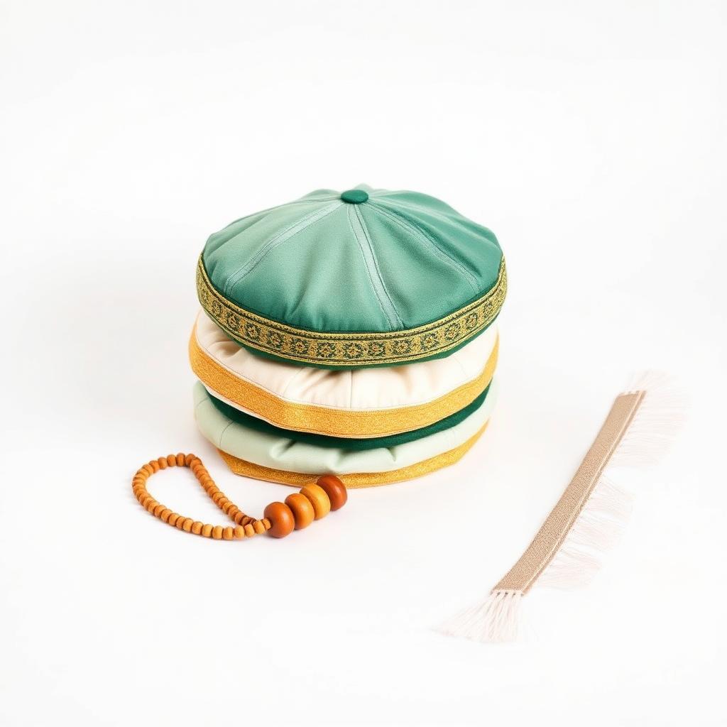 Kufi caps, tasbih beads and a prayer rug